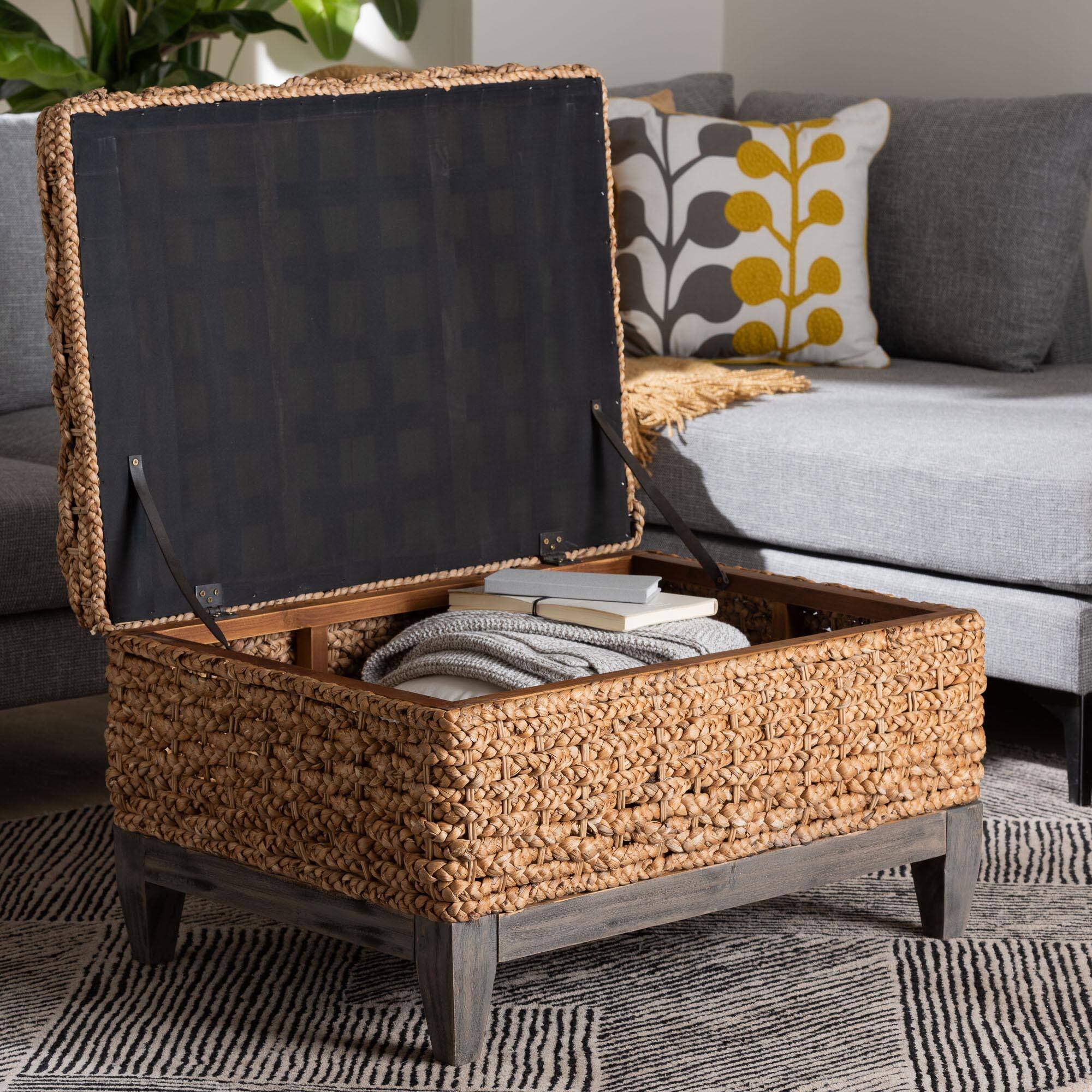 Alt View 5. bali & pari - Bailey Handwoven Seagrass Storage Ottoman with Lift-Top Lid – Rustic Wicker Trunk - Natural Brown/Espresso Brown.