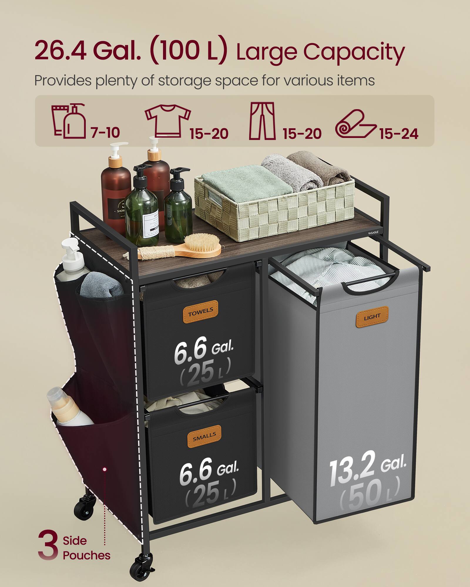26.4 Gal. (100 L) Large Capacity  
Provides plenty of storage space for various items  
- 7-10  
- 15-20  
- 15-20  
- 15-24  

6.6 Gal. (25 L)  
3 Side Pouches  

13.2 Gal. (50 L)