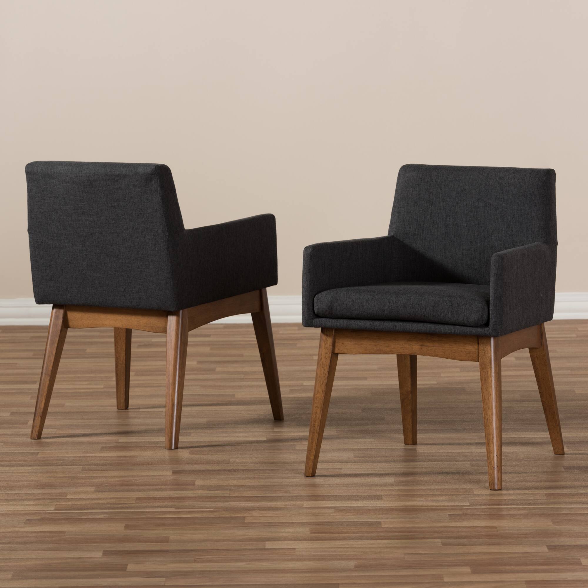 Alt View 2. Baxton Studio - Set of 2 Nexus Mid-Century Modern Walnut Wood Finishing Gravel Fabric Dining Armchairs - "Gravel" Grey/"Walnut" Brown.