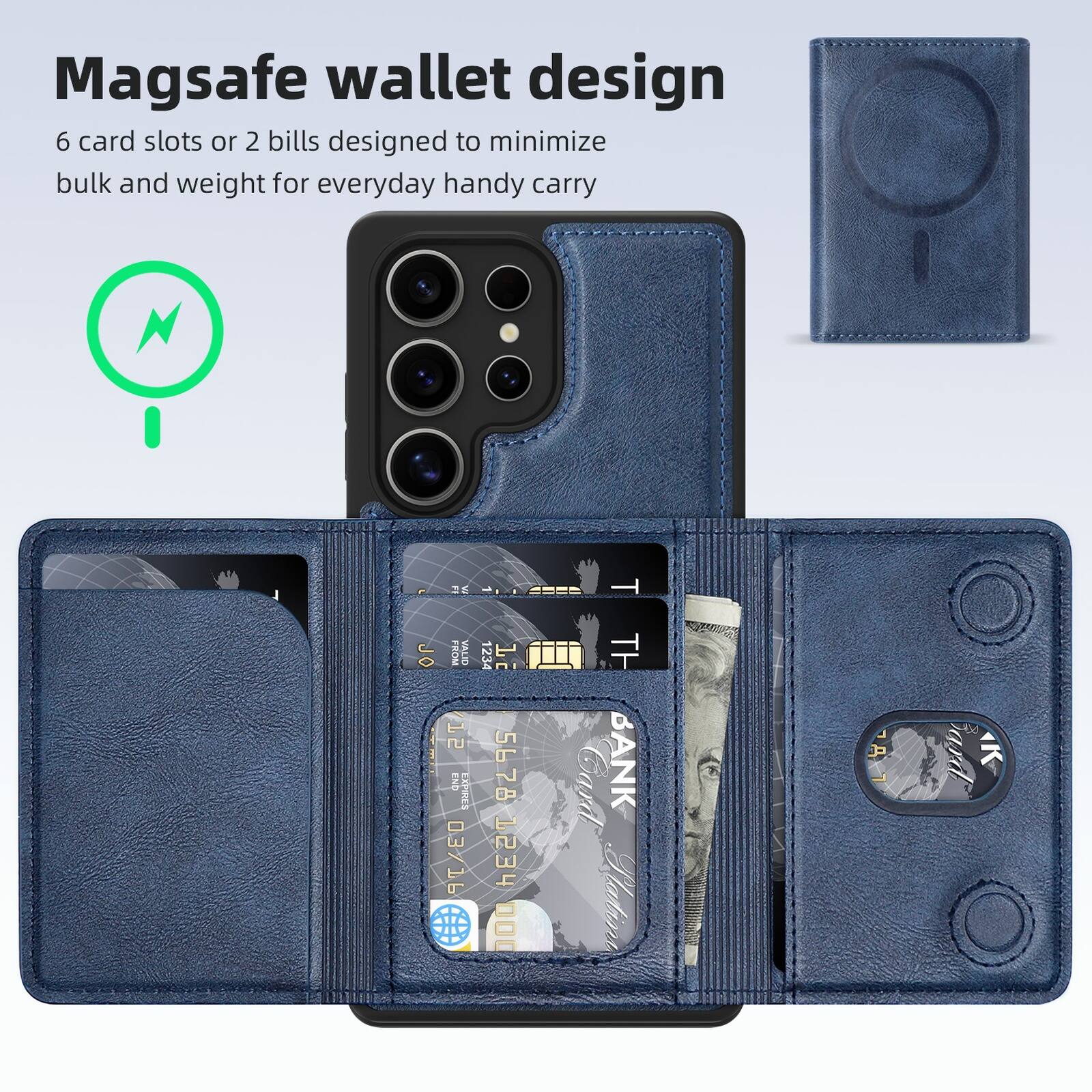 Magsafe wallet design  
6 card slots or 2 bills designed to minimize bulk and weight for everyday handy carry  

N = 5  
T JO  
FROM VALID 12 END EXPRES 03/16 1234 1 5678  
EST 000 BANK