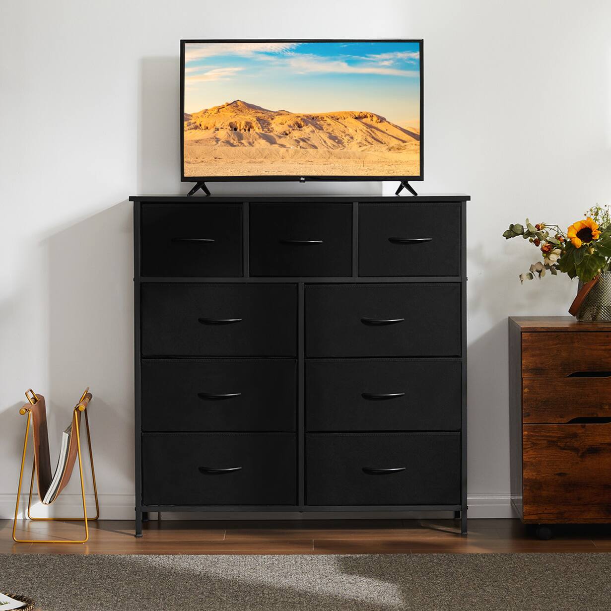 Front. AENKYO - Large Bedroom Dresser 9 Drawer Storage Tower for Bedroom,Living Room, Entryway - Black.