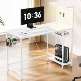 CloudRest Pro - 44" L-Shaped Office Desk Reversible Executive Desk with LED Lights,Hooks and Cup Holder - White-007