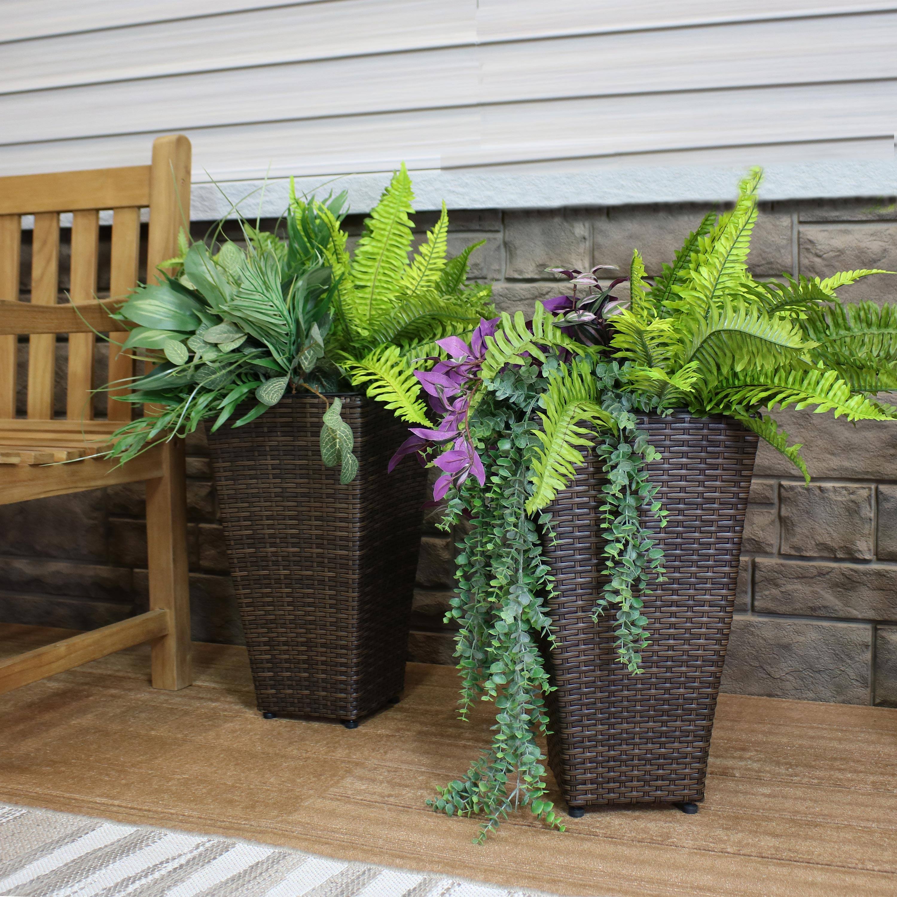 Alt View 7. Sunnydaze - 20 in Polyrattan Tall Square Planter - Set of 8 - Brown.