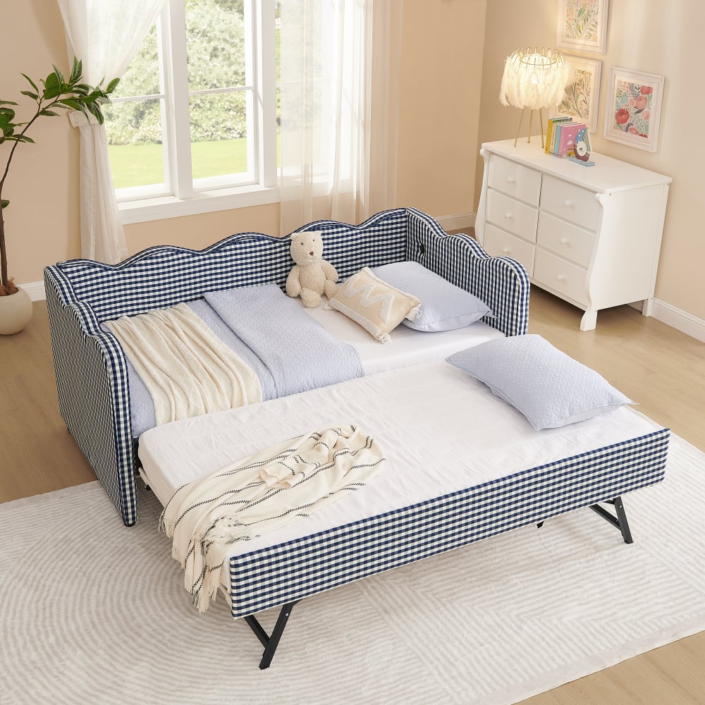 JUJABU - Cozy Gingham Daybed with Twin Size Trundle No Box Spring Needed, with USB Port and Adorable Wave Shaped - Blue
