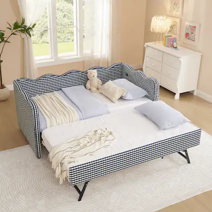 Front. JUJABU - Blue Cozy Gingham Daybed with Twin Size Trundle No Box Spring Needed, with USB Port and Adorable Wave Shaped - Blue.
