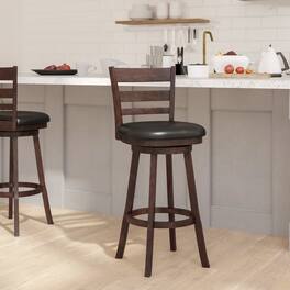 Emma + Oliver - Avi Classic Wooden Ladderback Dining Stool with Padded Swivel Seat - Black Vinyl/Espresso Frame
