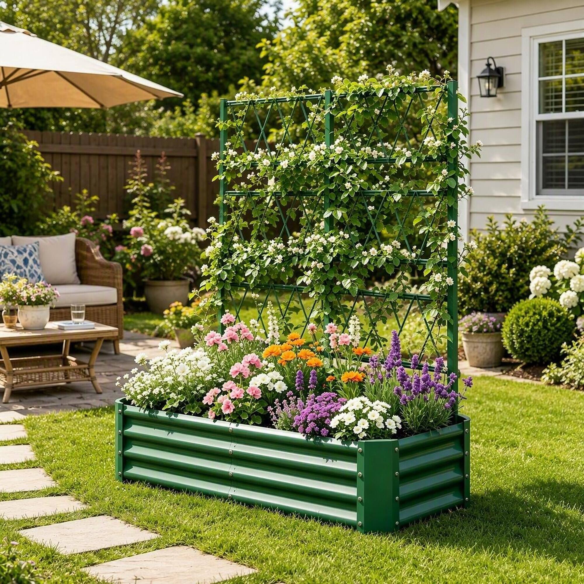 Alt View 2. RYHNUYNE - Galvanized Raised Garden Bed 4x2x1ft with Arch Trellis for Climbing Vegetables, Heavy Duty Metal Planter Box - Green.