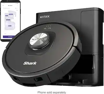 The image features a black robotic vacuum cleaner, which is a Shark Mattrx. The vacuum is sitting next to a cell phone, which is sold separately. The robotic vacuum is designed to clean and maintain the cleanliness of the floor.