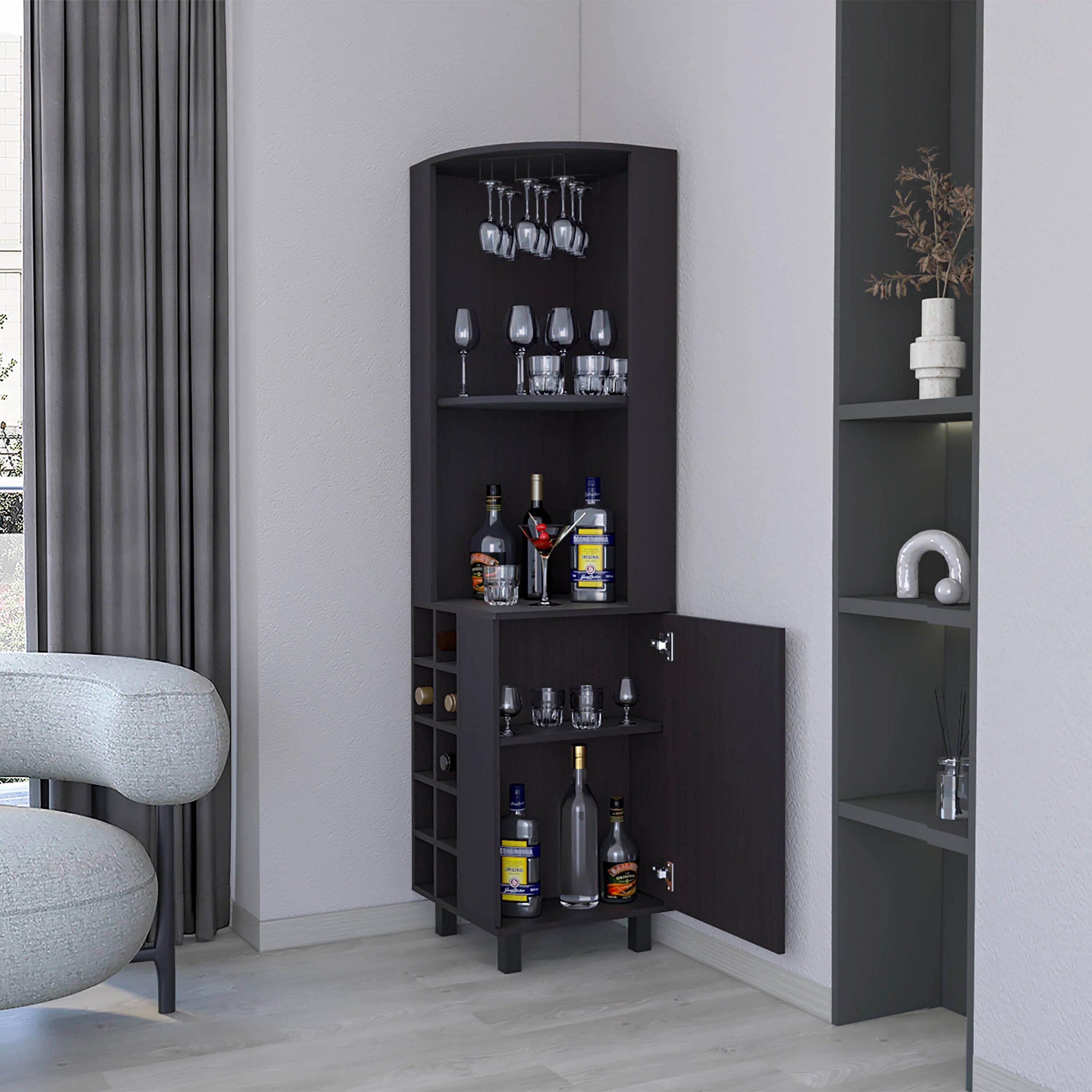Angle. TinyHomie - Wengue Corner Bar Cabinet with Glass Holder and Wine Rack.