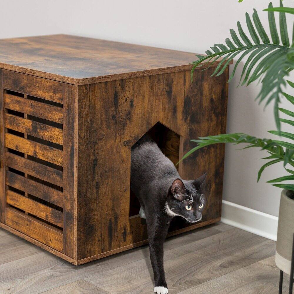 Angle. TRIXIE - XL Farmhouse Litter Box Enclosure, Hidden Litter Box Cabinet or End Table - Brown.