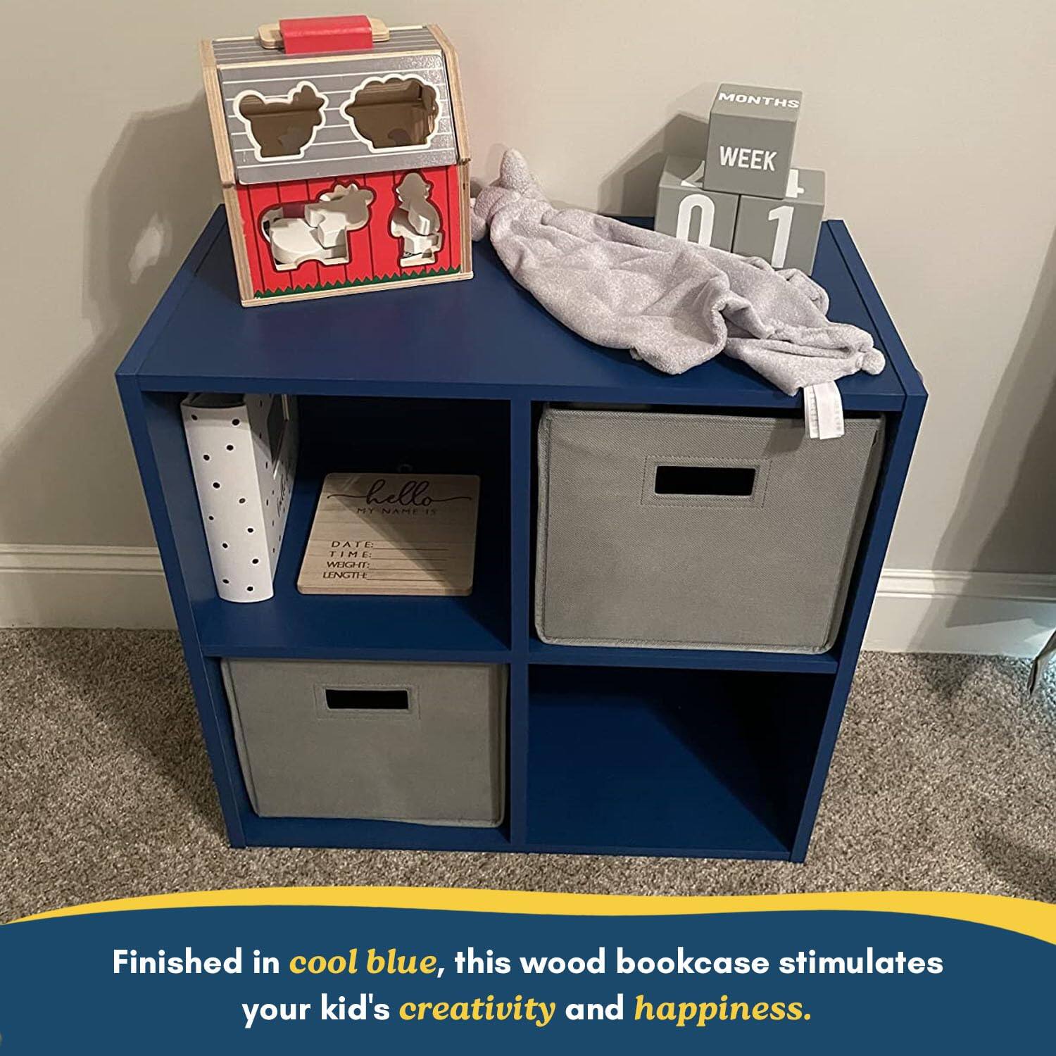 Finished in cool blue, this wood bookcase stimulates your kid's creativity and happiness.