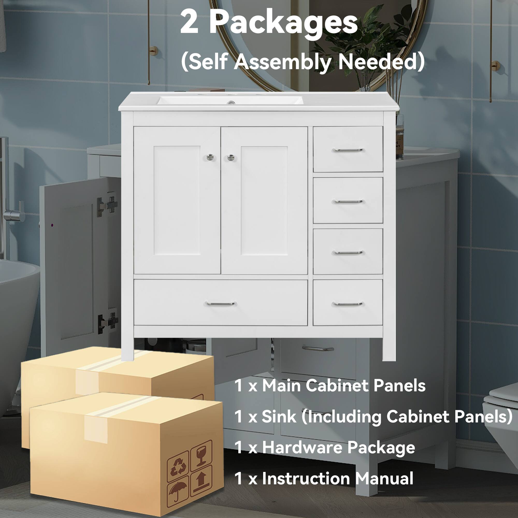 2 Packages (Self Assembly Needed)

1 x Main Cabinet Panels  
1 x Sink (Including Cabinet Panels)  
1 x Hardware Package  
1 x Instruction Manual