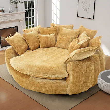 Front. Anysun - Double Oversized Round Sofa with Armrests, Chenille Fabric Padded High Back, for Living Room or Bedroom - Yellow.