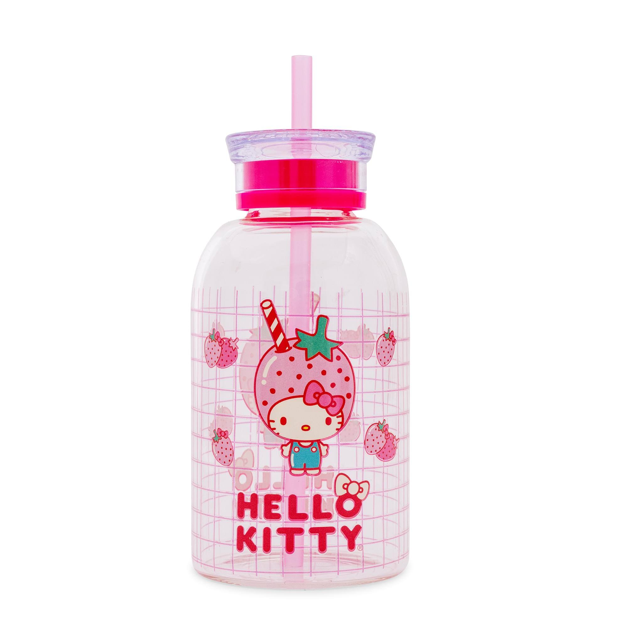 Silver Buffalo - Sanrio Hello Kitty Pink Strawberry 15-Ounce Glass Milk Bottle With Straw - Multi-Colored