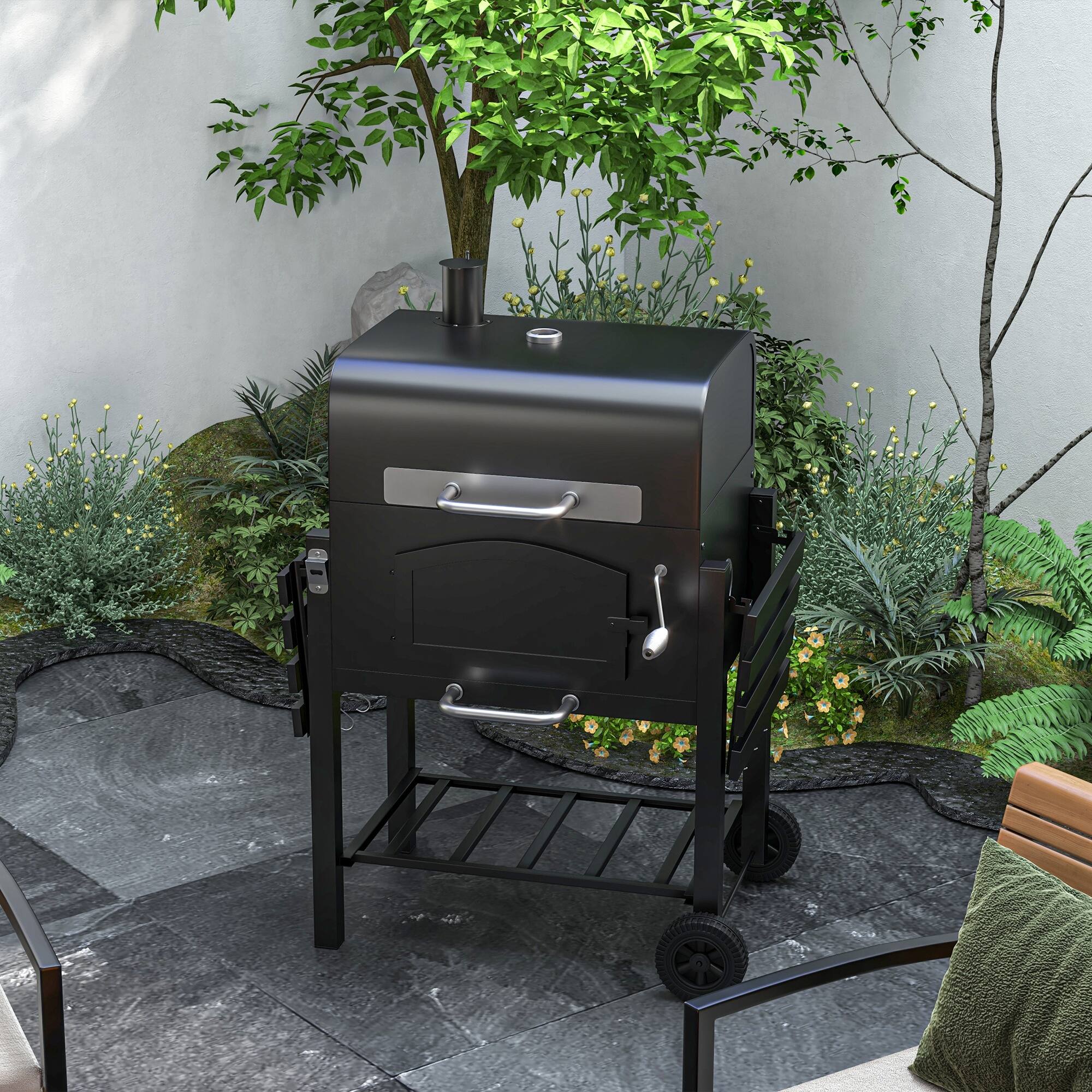 Alt View 1. Outsunny - BBQ Grill w/ Adjustable Height, Folding Shelves, Thermometer - Black.