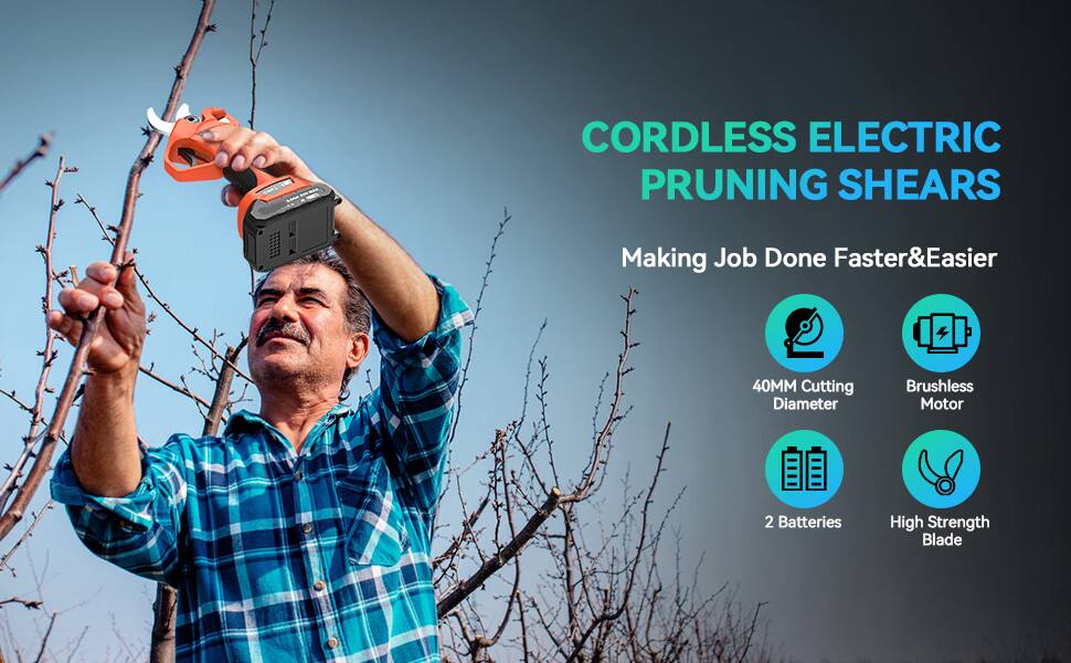 CORDLESS ELECTRIC PRUNING SHEARS  
Making Job Done Faster & Easier  

- 40MM Cutting Diameter  
- Brushless Motor  
- 2 Batteries  
- High Strength Blade