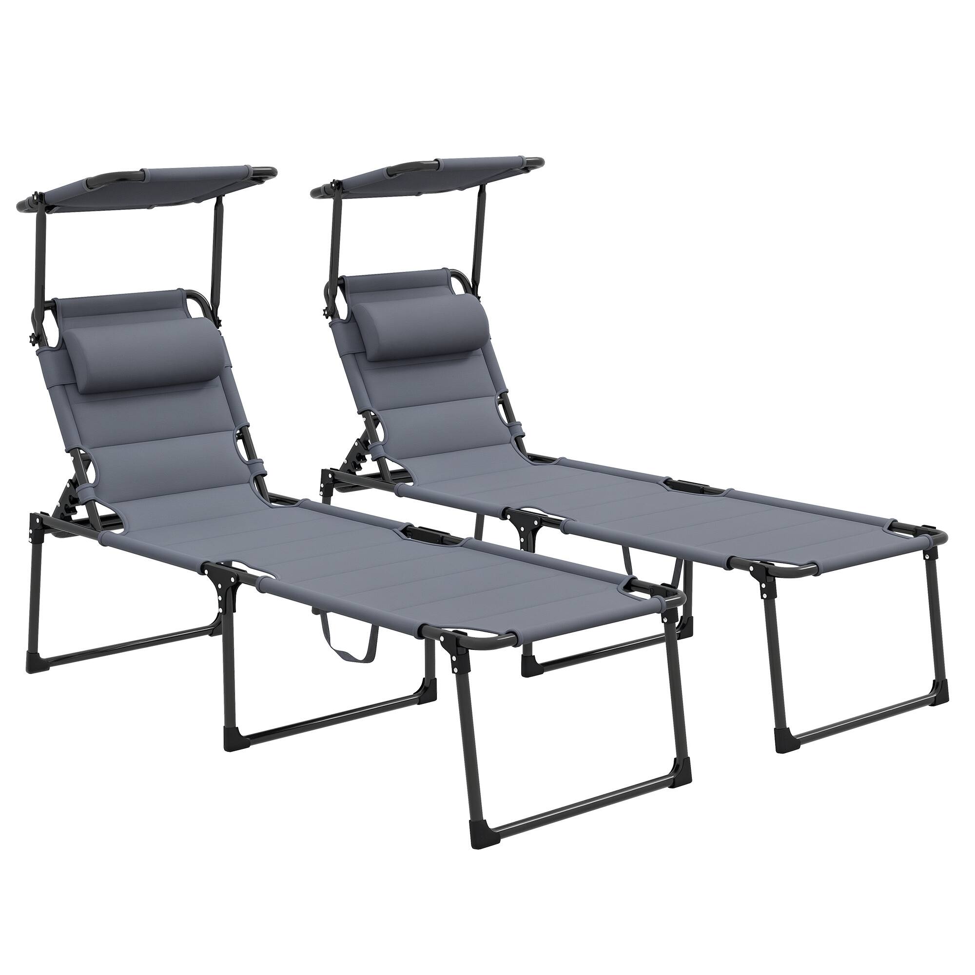 Front. Outsunny - 2 Pieces Outdoor Lounge Chair, Adjustable Backrest Folding Chaise Lounge, Cushioned Tanning Chair - Gray.