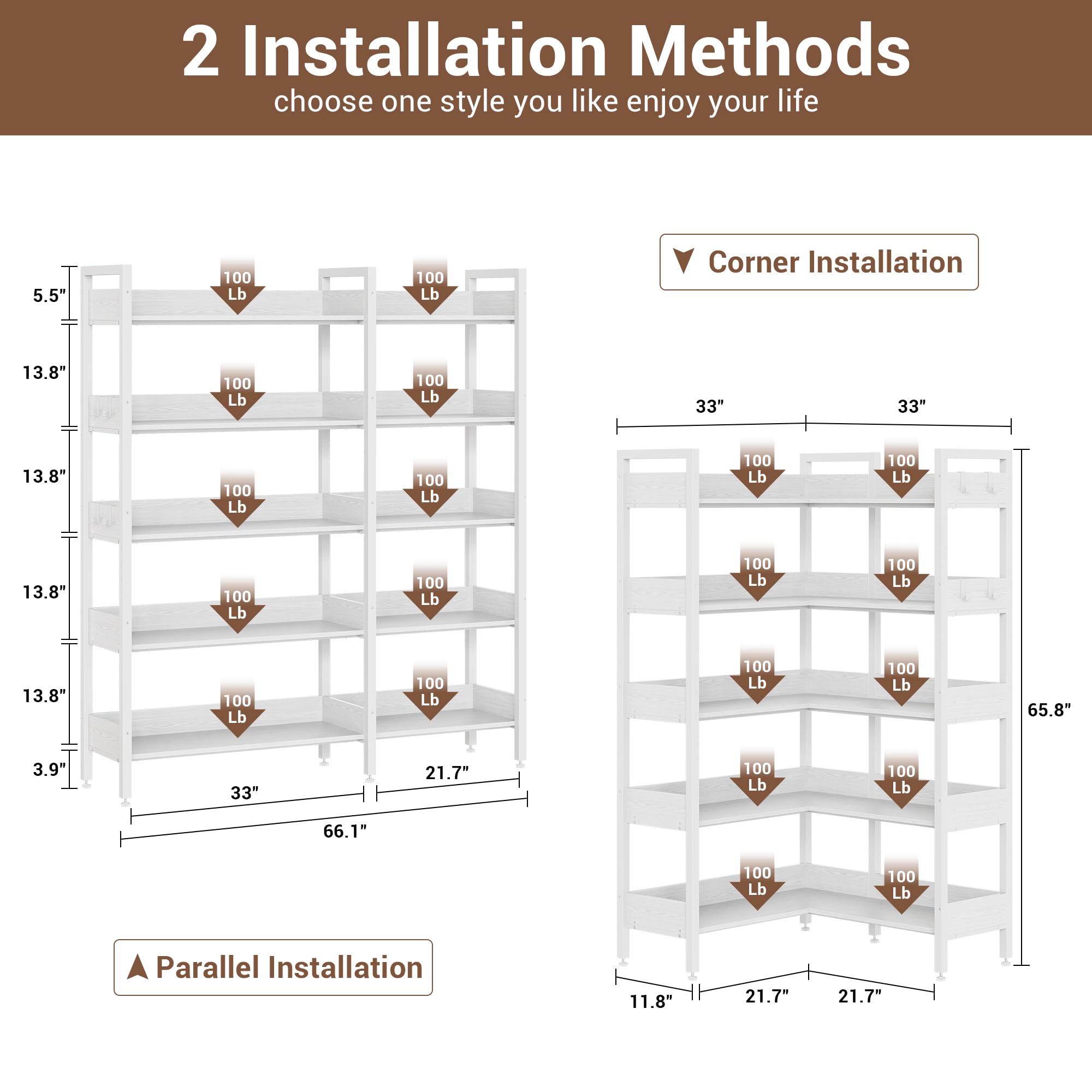 2 Installation Methods  
choose one style you like enjoy your life  

Corner Installation  
5.5"  
13.8"  
13.8"  
13.8"  
13.8"  
3.9"  
33"  
21.7"  
66.1"  

Parallel Installation  
11.8"  
21.7"  
21.7"  
65.8"