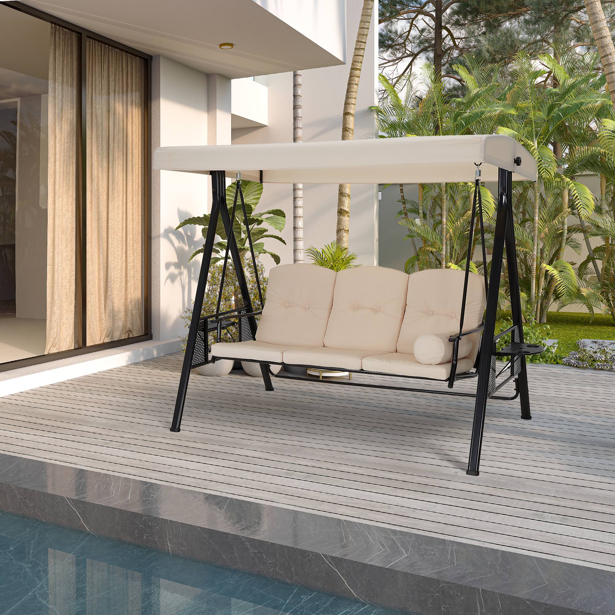 Angle. Mondawe - 3 Seat Outdoor Porch Swing with Adjustable Canopy - Khaki.