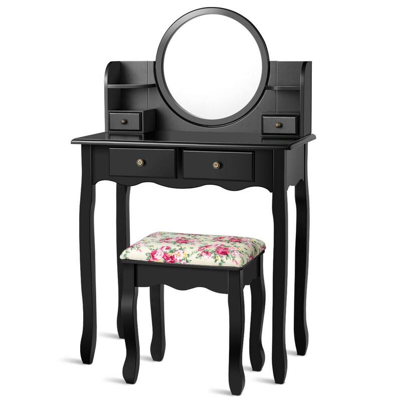 Alt View 3. WELLFOR - Makeup Vanity Set with 360° Pivoted Round Mirror & Stool, Vintage Vanity Table and Cushioned Stool Set - Black.