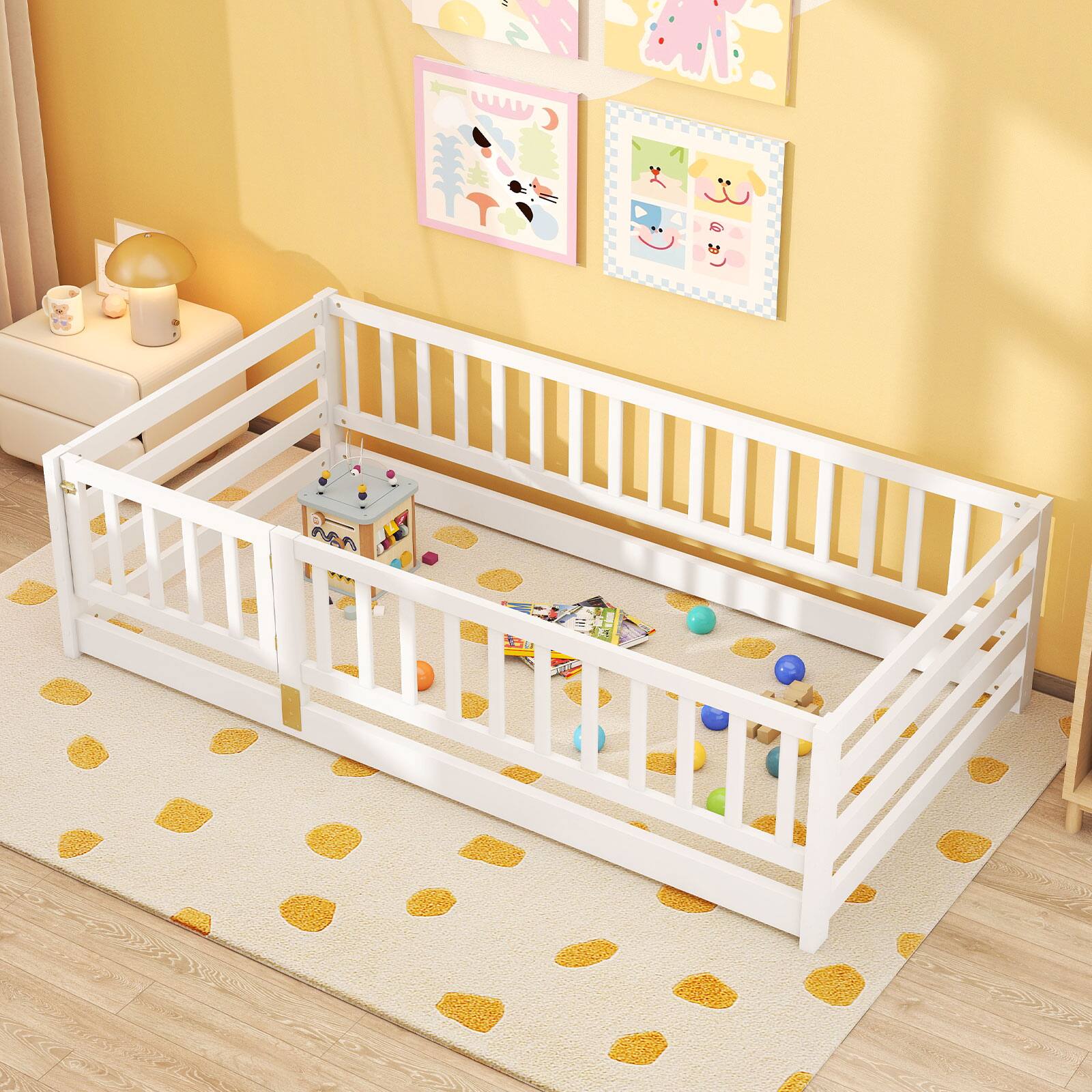 Alt View 3. Gymax - Gymax Twin Size Floor Bed w/High Fence & Door Safety Guardrails Wood Floor Bed Frame White - White.