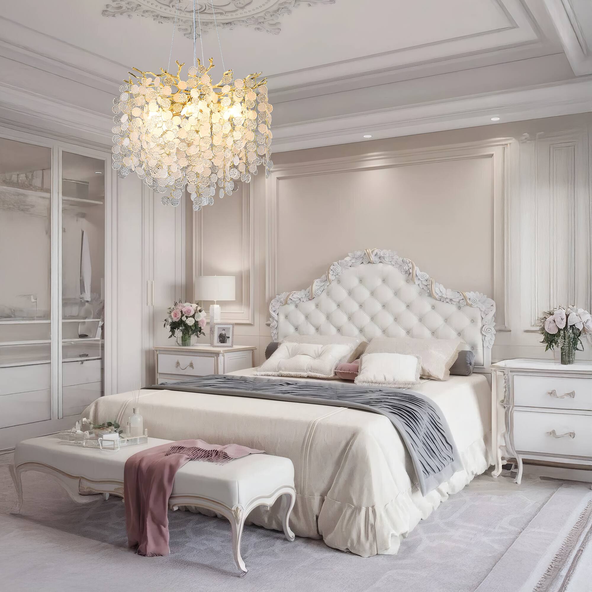 Left. RYHNUYNE - Modern Gold Tree Branch Chandelier with Snowflake Accents - 6-Light Adjustable Linear Pendant Light for Dining Room and.