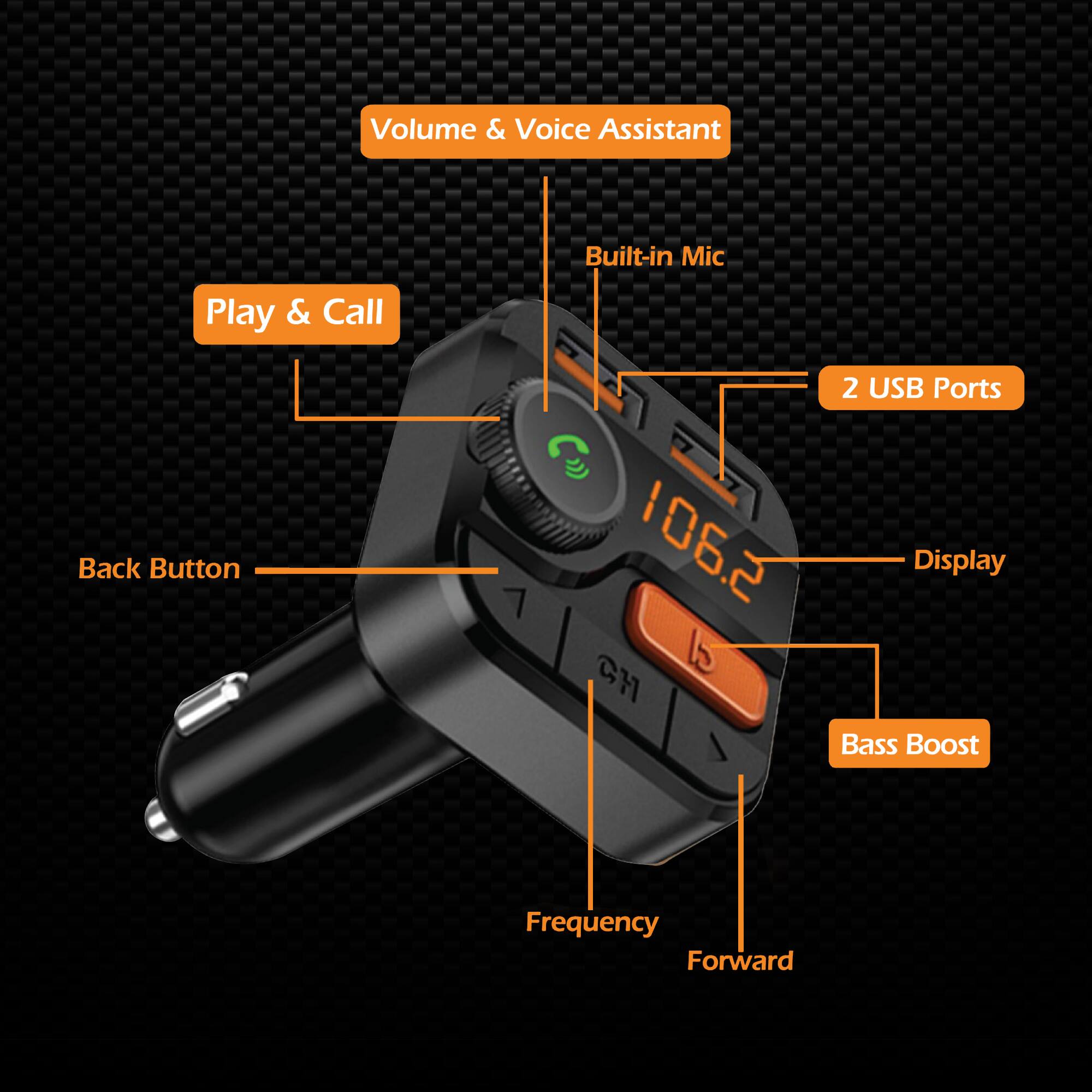 Volume & Voice Assistant  
Built-in Mic  
Play & Call  
Back Button  
2 USB Ports  
Display  
Bass Boost  
Frequency  
Forward