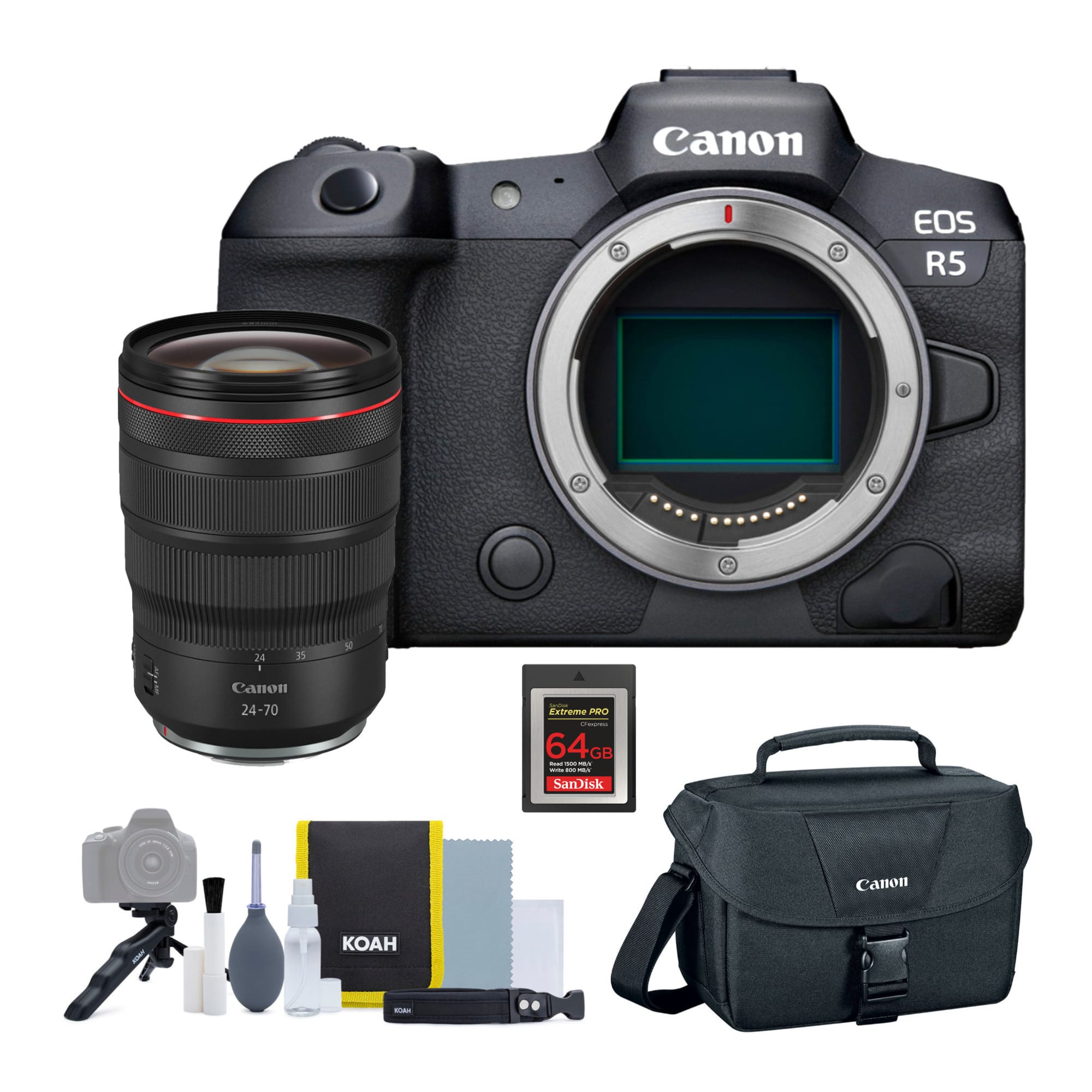 Canon EOS R5 camera with a 24-70 lens, 64GB memory card, and other accessories.