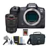 Canon EOS R5 camera with a 24-70 lens, 64GB memory card, and other accessories.