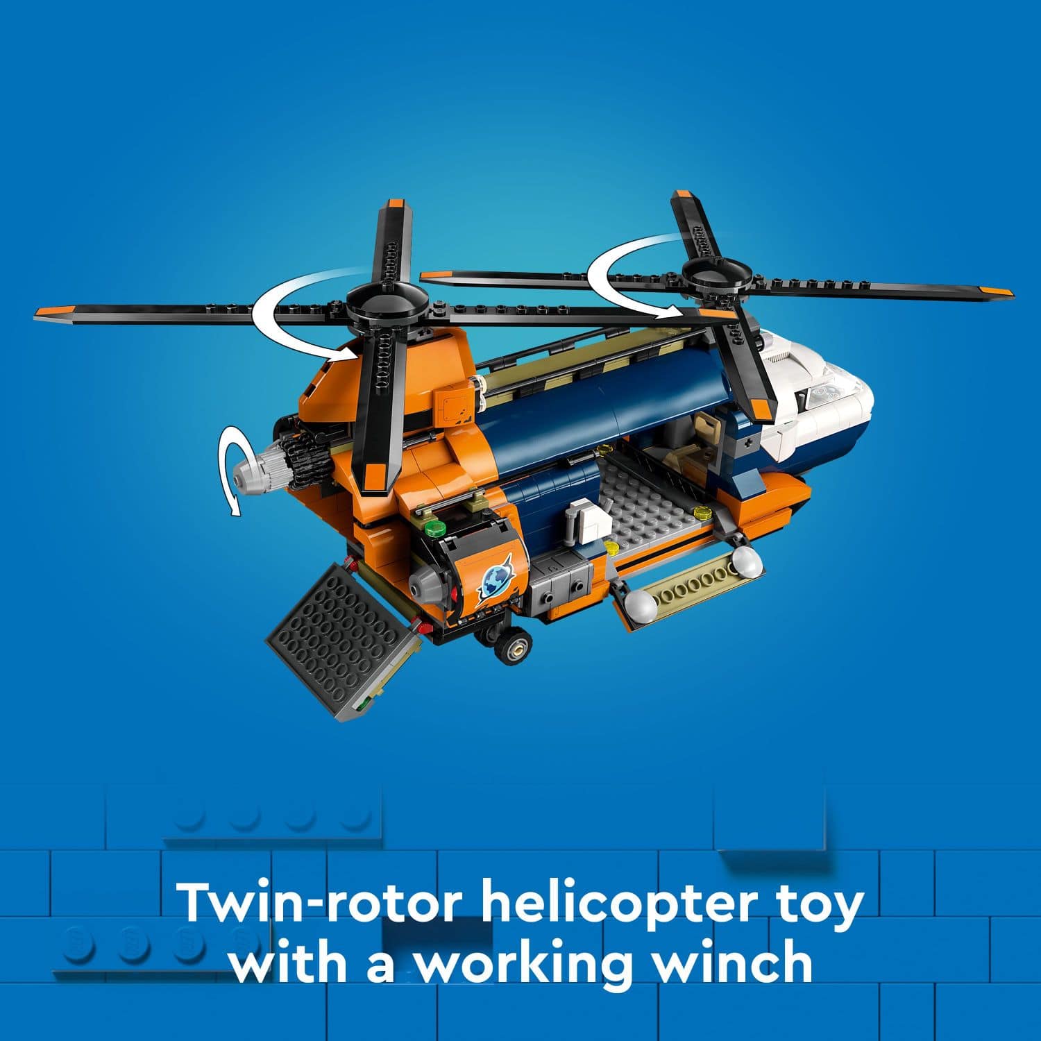 Twin-rotor helicopter toy with a working winch.