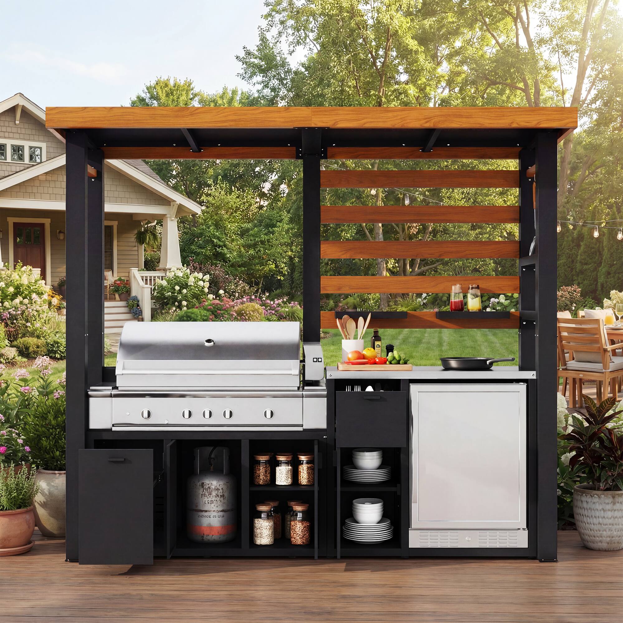 Back. Famapy - Heavy Duty Galvanized Steel Outdoor Grill Gazebo with Storage – Weatherproof BBQ Pavilion for Backyard Cooking - Wooden & Black.