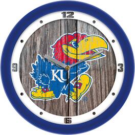 MpDirect - Kansas Jayhawks 11.5'' Suntime Premium Glass Face Weathered Wood Wall Clock - Multicolor
