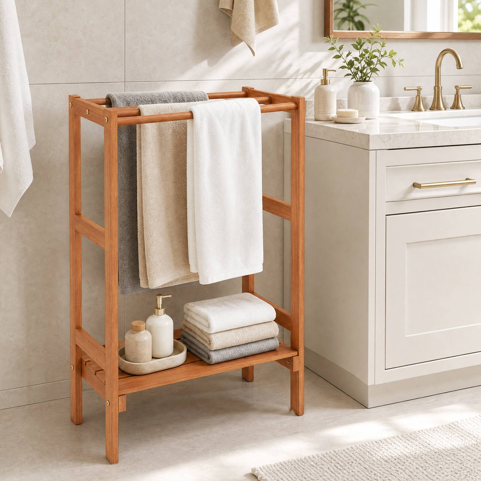 Alt View 3. Costway - Costway Freestanding Towel Rack with 3 Hanging Bars & Bottom Shelf for Bathroom, Laundry - Natural.