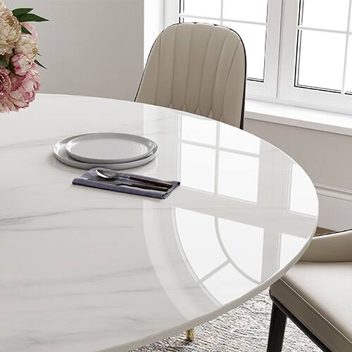 Alt View 7. POVISON - 51" Modern Round White Dining Table for 4, Glossy Sintered Stone Tabletop, Solid Black Carbon Steel Base - Glossy White Sintered Stone & Black Steel Base.