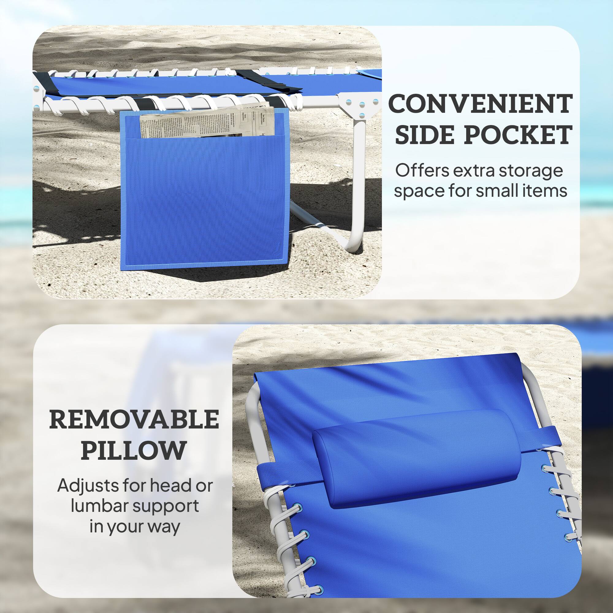 CONVENIENT SIDE POCKET  
Offers extra storage space for small items

REMOVABLE PILLOW  
Adjusts for head or lumbar support in your way