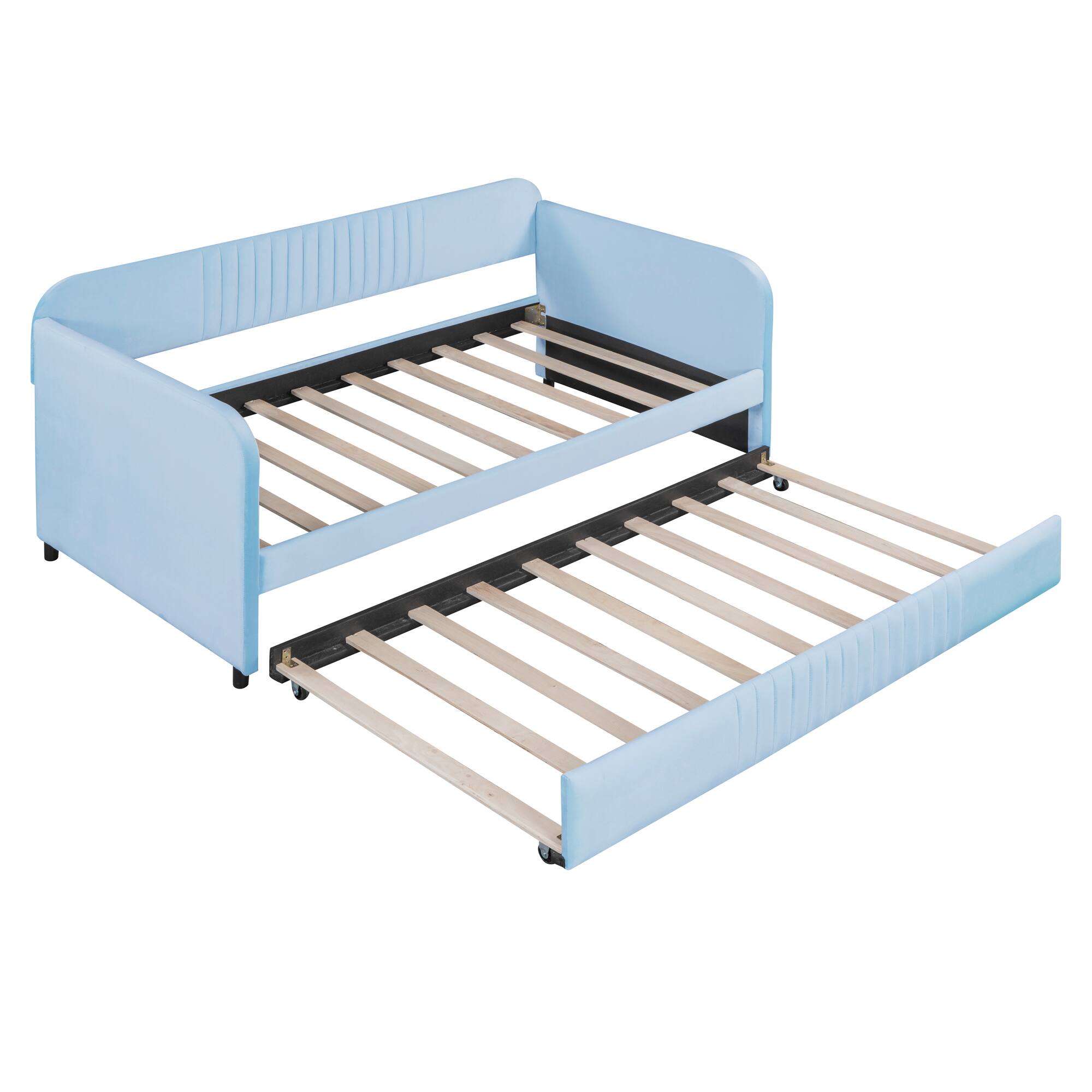 Left. Tiramisubest - Upholstered Daybed Sofa Bed Twin Size With Trundle Bed and Wood Slat, Light Blue - Light Blue.