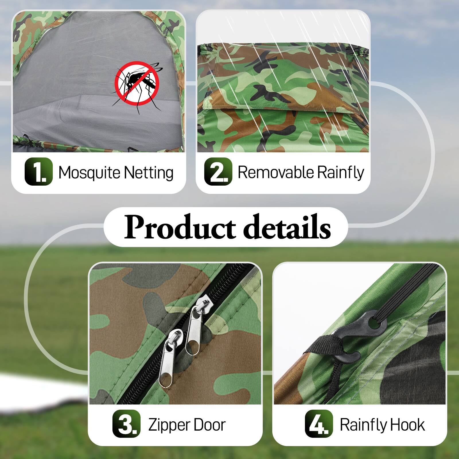 1. Mosquito Netting  
2. Removable Rainfly  
3. Zipper Door  
4. Rainfly Hook  

Product details