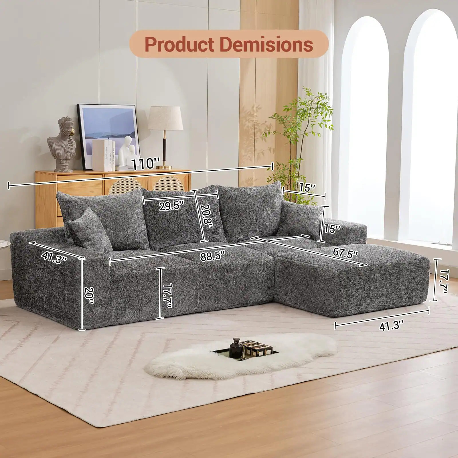 Product Dimensions

41.3"  
20"  
110"  
29.5"  
20.8"  
88.5"  
15"  
15"  
67.5"  
41.3"  
17.7"