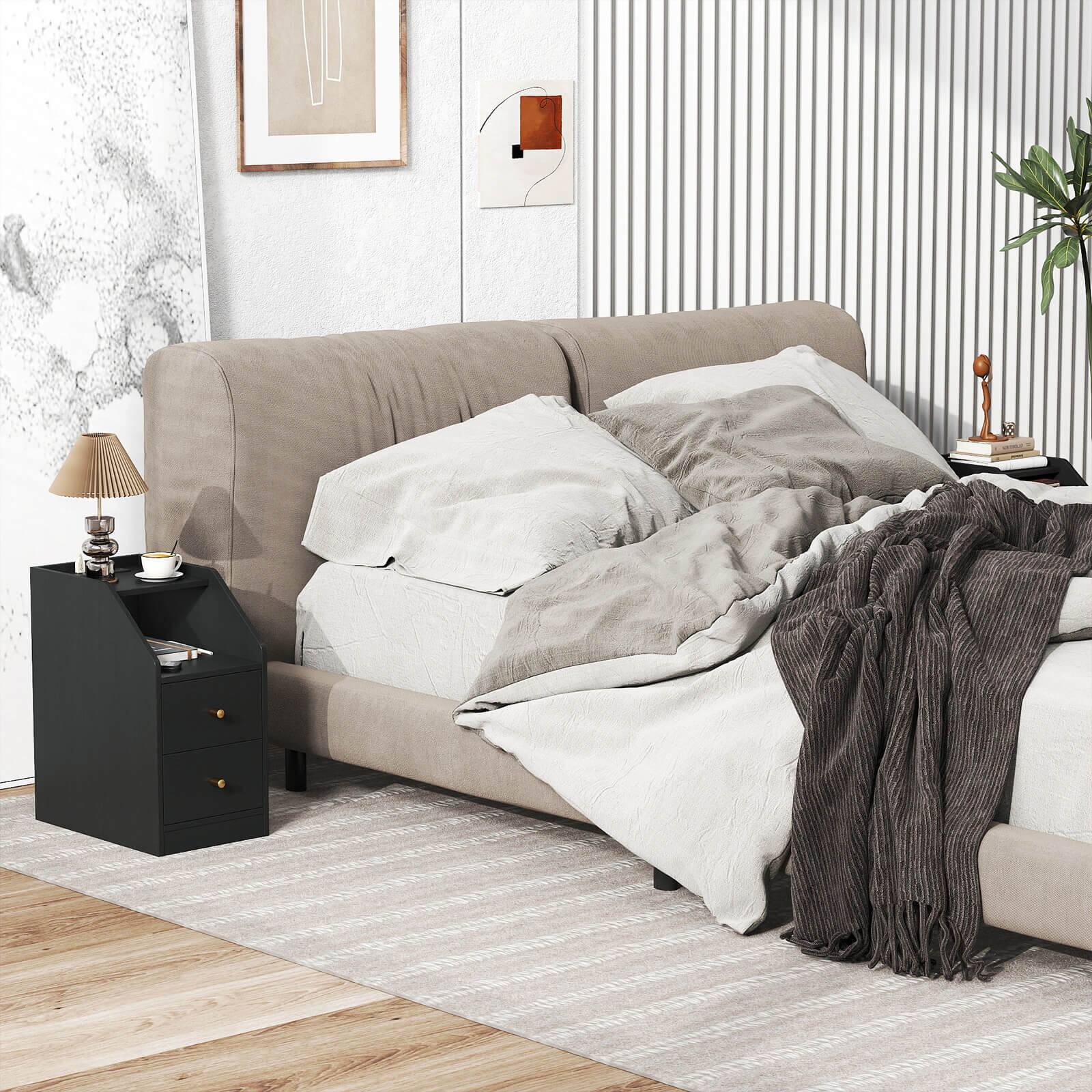 Alt View 5. Costway - Costway Side Table with Charging Station, Storage Drawers, Sofa Couch Table for Small Space - Black.