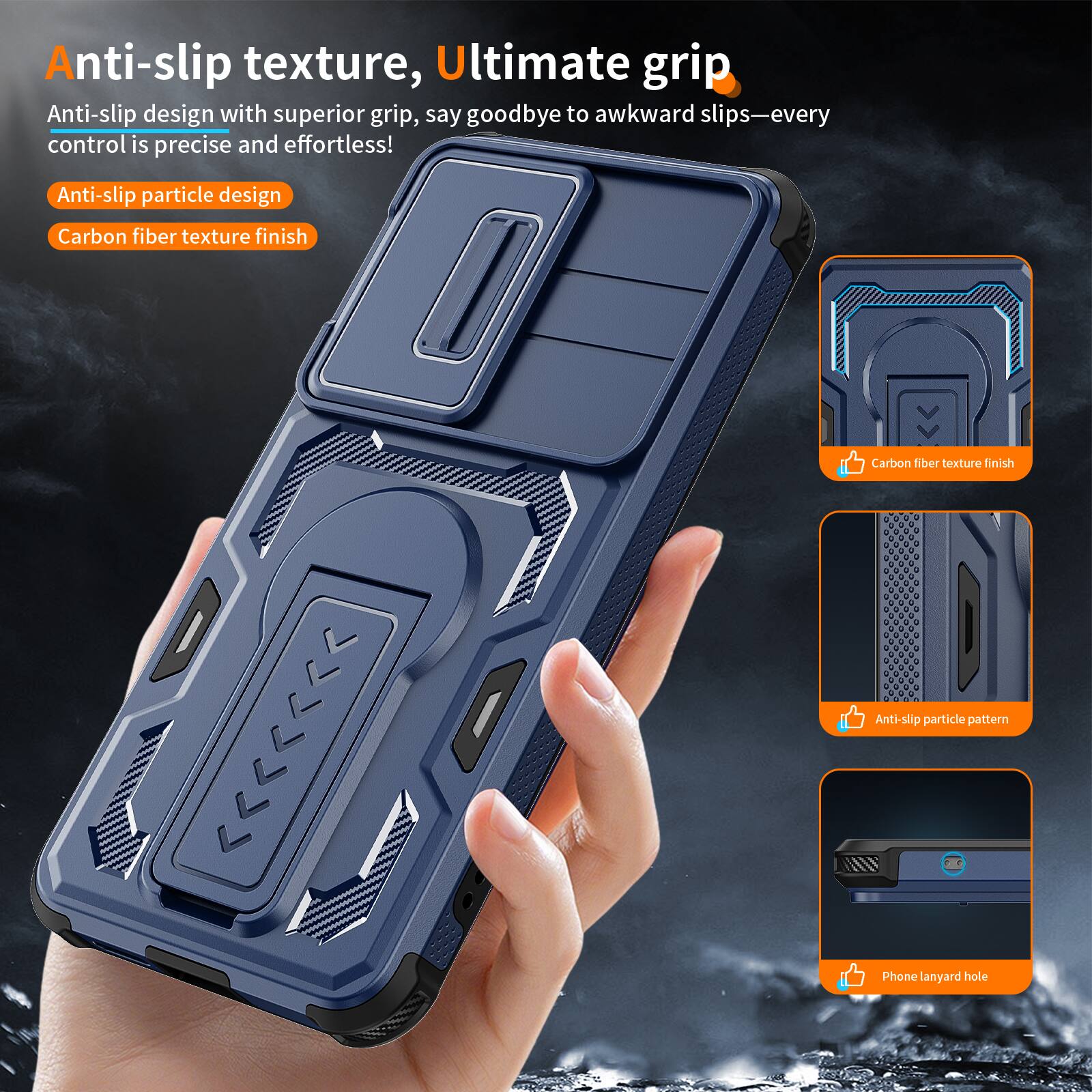 Anti-slip texture, Ultimate grip

Anti-slip design with superior grip, say goodbye to awkward slips—every control is precise and effortless!

- Anti-slip particle design
- Carbon fiber texture finish

- Carbon fiber texture finish
- Anti-slip particle pattern
- Phone lanyard hole