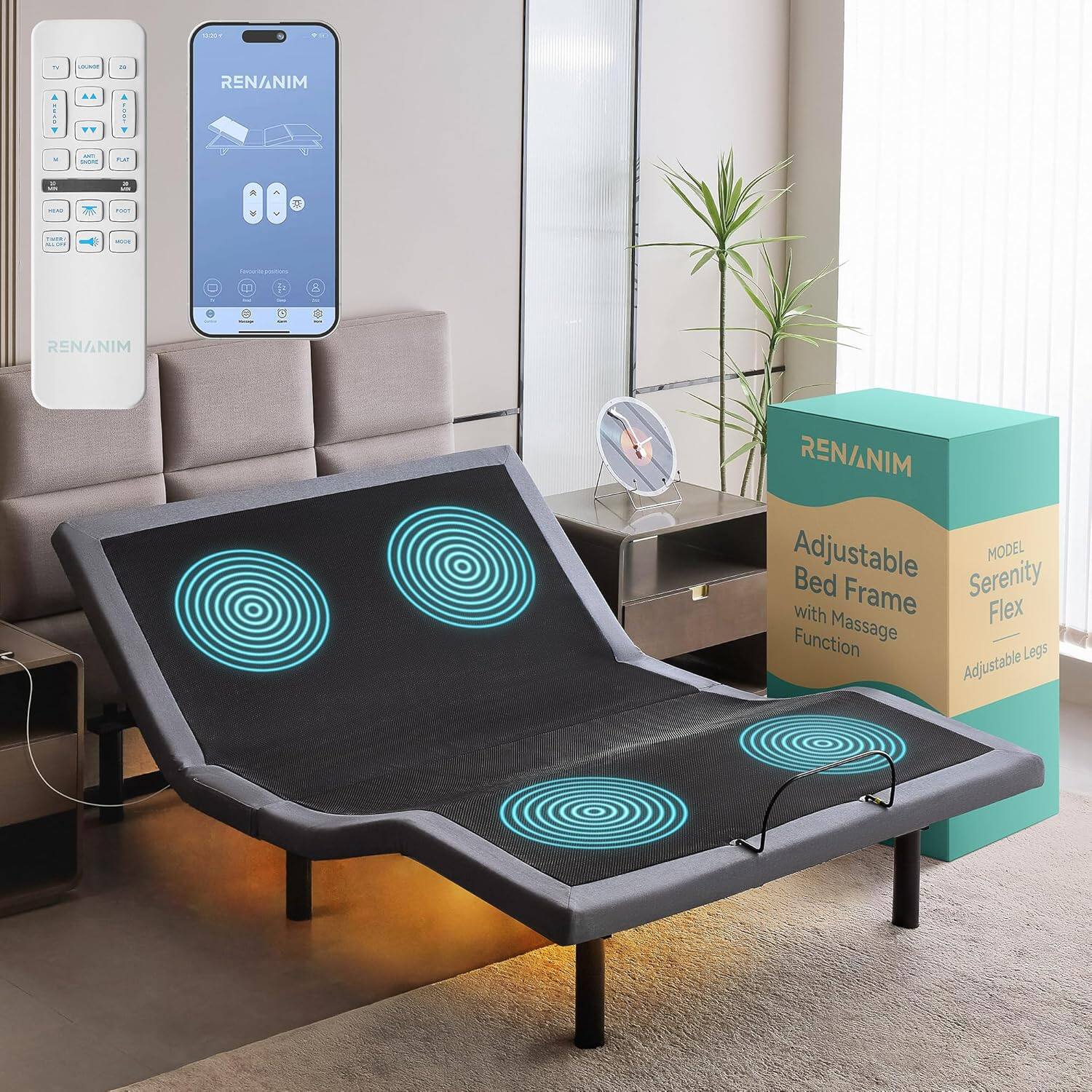 Renanim - SF Full Adjustable Electric Bed Frame with Massage Wireless Remote, USB Ports, UnderBed Light, Zero Gravity - Gray