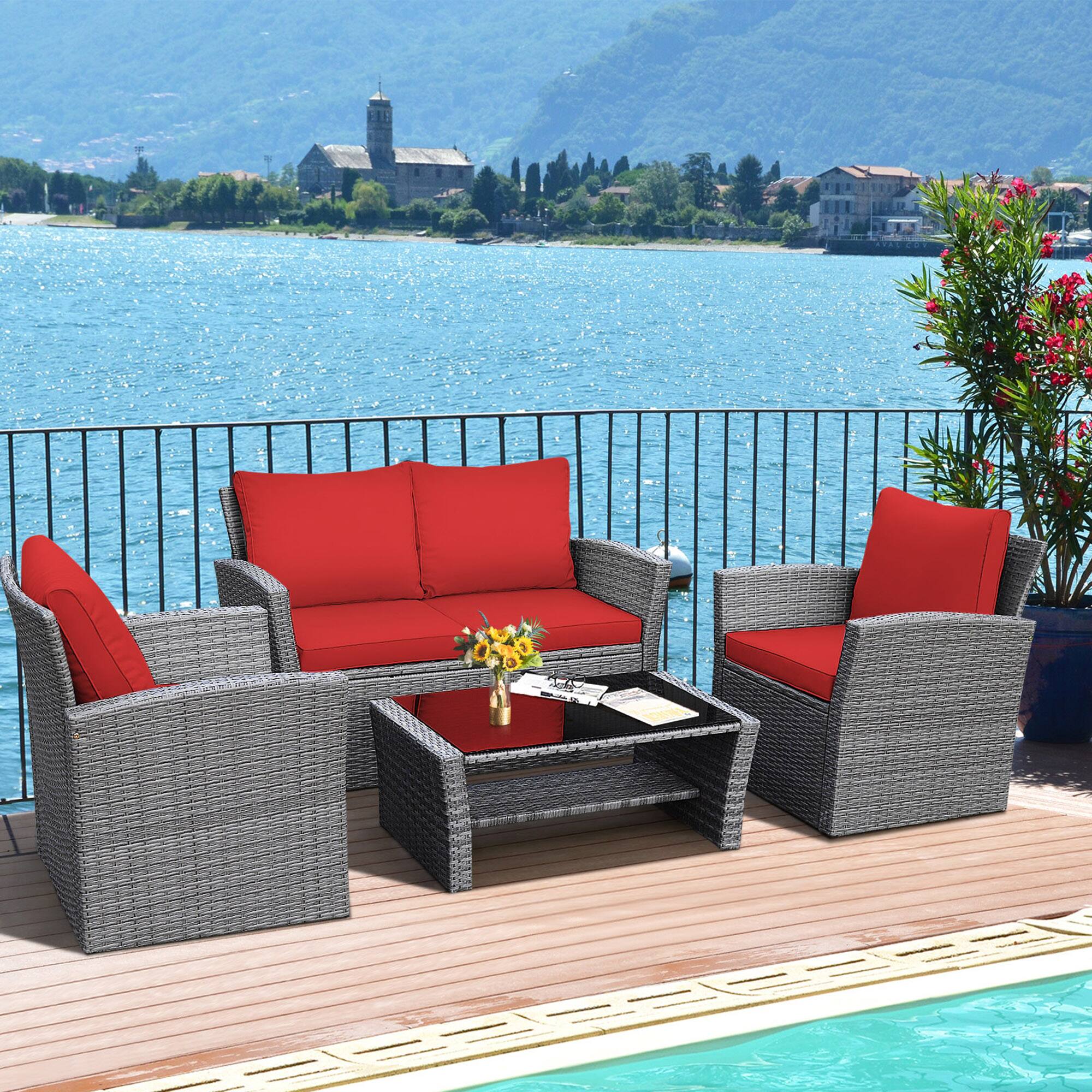 Alt View 4. Gymax - Gymax 4PCS Patio Rattan Conversation Set Outdoor Furniture Set w/ Red Cushions - Red.