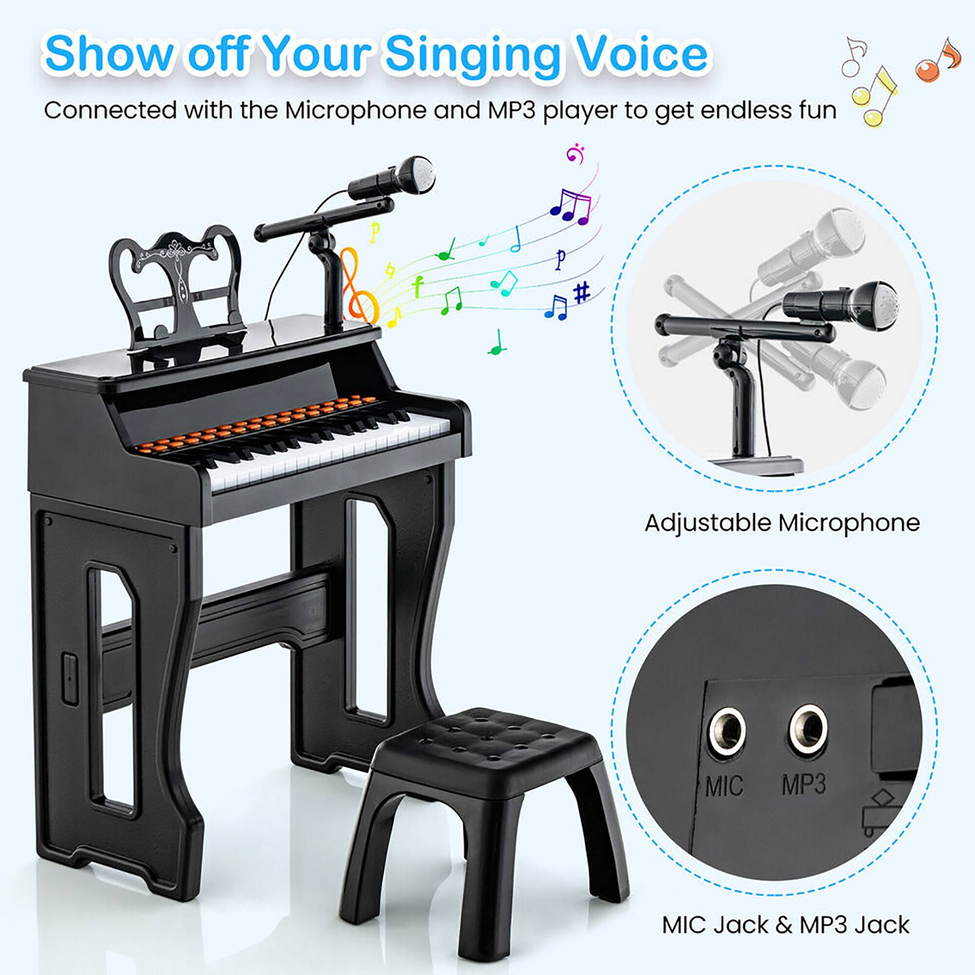 Show off Your Singing Voice  
Connected with the Microphone and MP3 player to get endless fun  

Adjustable Microphone  
MIC Jack & MP3 Jack