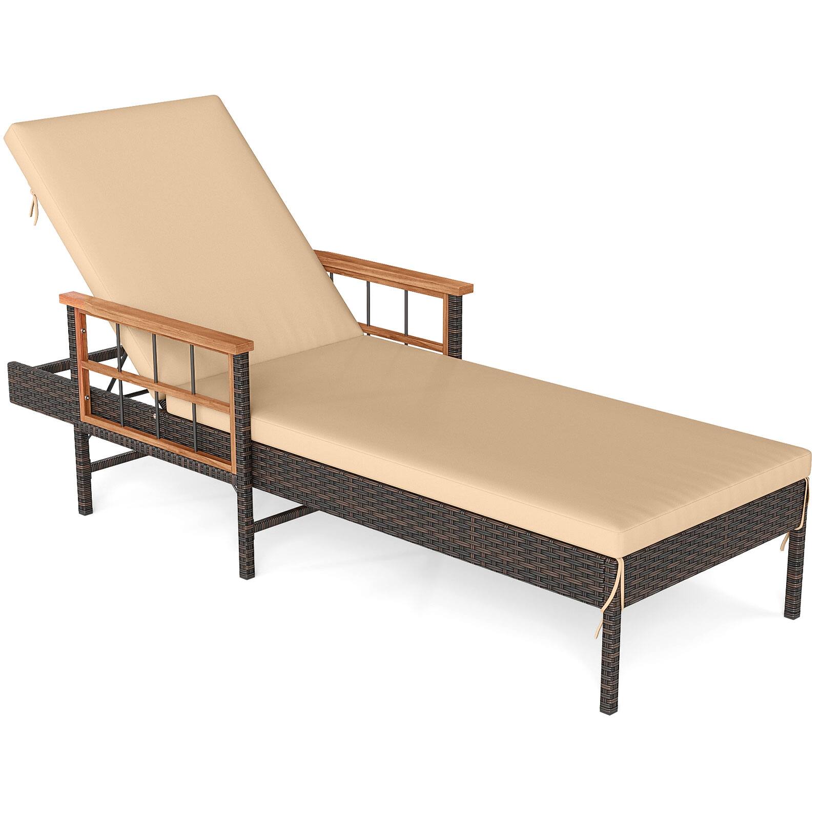 Alt View 6. Gymax - Gymax Set of 2 Patio Rattan Chaise Lounge Outdoor Reclining Lounger Chair w/ Wood Armrests White - Brown.