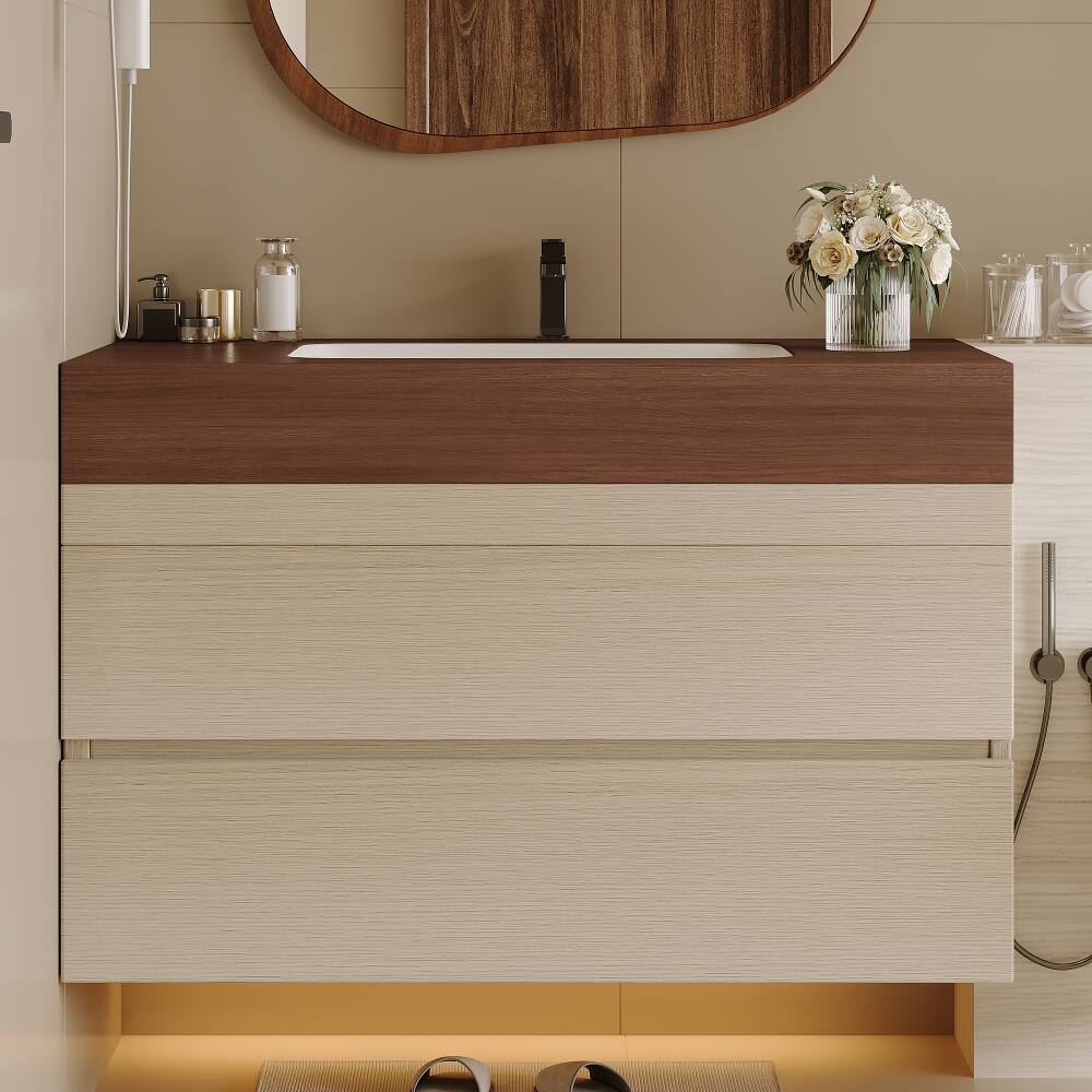 Left. Loheer - Loheer 29.9 inch floating bathroom vanity Walnut Wood Sintered Stone Top - Walnut.