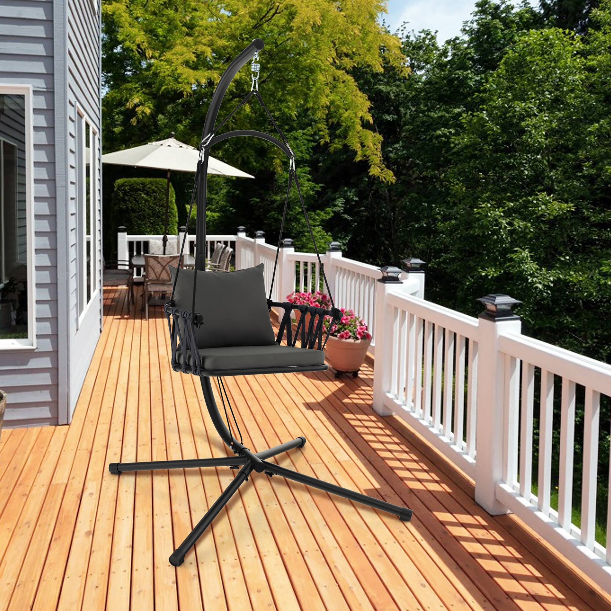 Alt View 4. Gymax - Gymax Swing Chair w/ Stand Patio Hanging Swing Chair w/ Comfortable Seat & Back Cushions - Grey, Black.