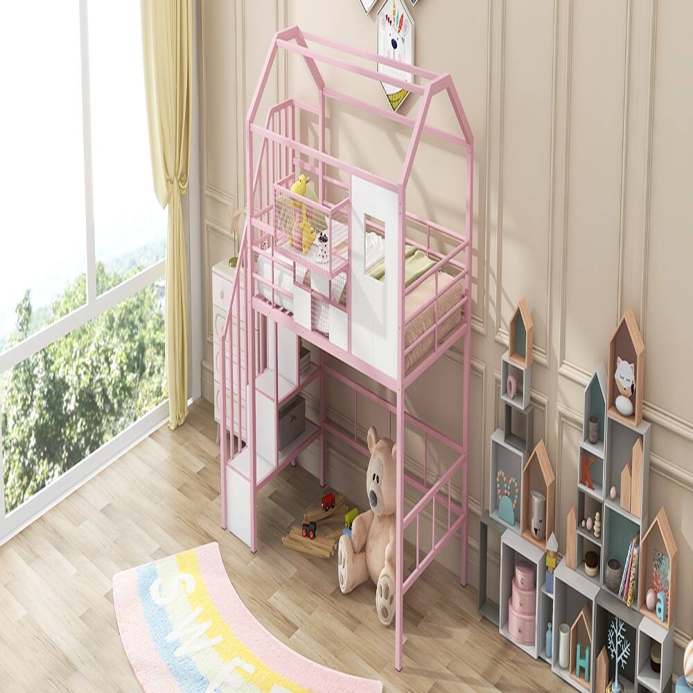 Alt View 1. Loheer - Loheer Metal Loft Bed Twin Size Pink House Bed with Storage - Pink.