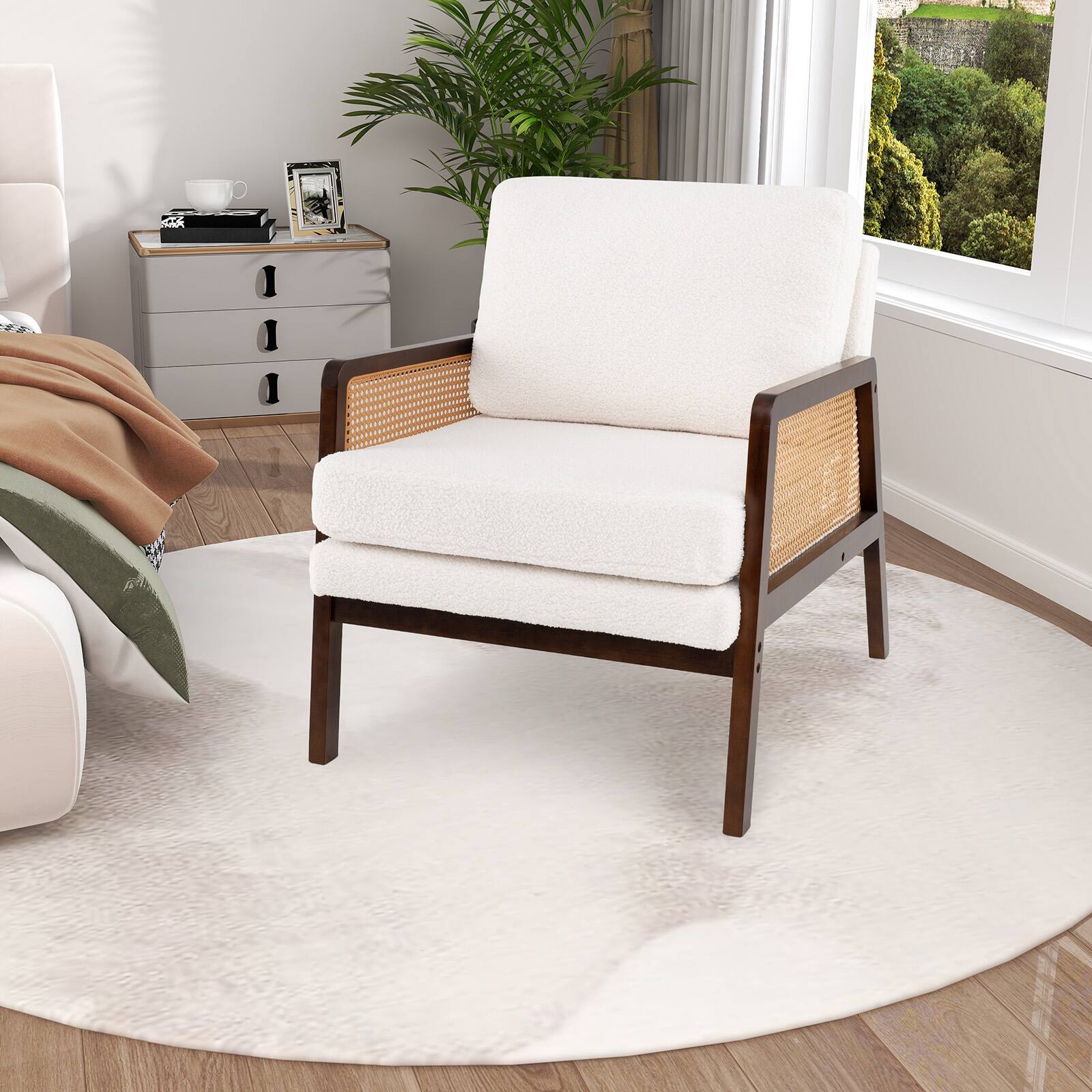 Alt View 3. Costway - Costway Mid Century Modern Accent Chair Living Room Armchair with Rattan Arms Wooden Frame Brown - Brown,Beige.