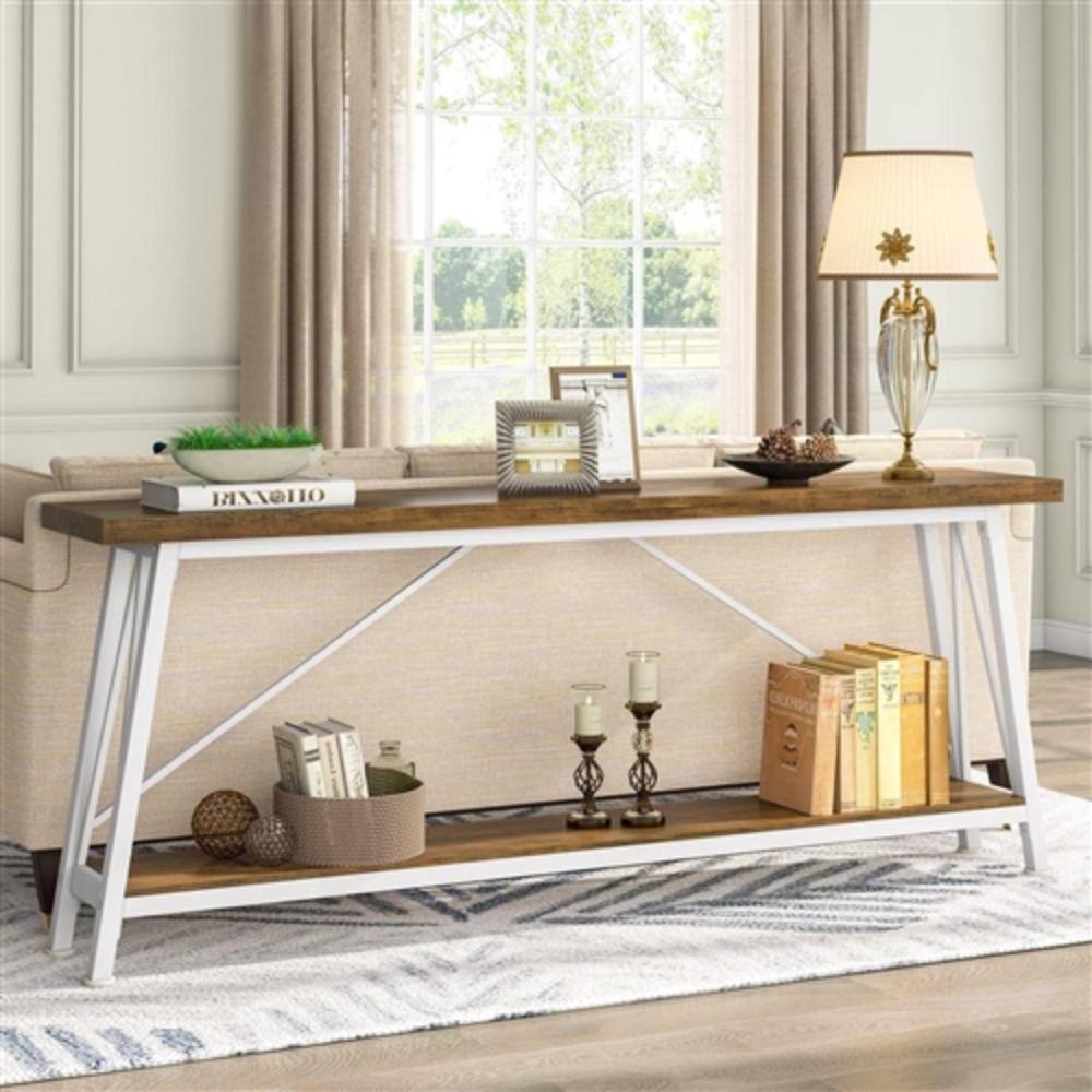Angle. Hivvago - Heavy Duty 70-inch Industrial Brown Wood Top Sofa Table with White Metal Frame - Brown & White.