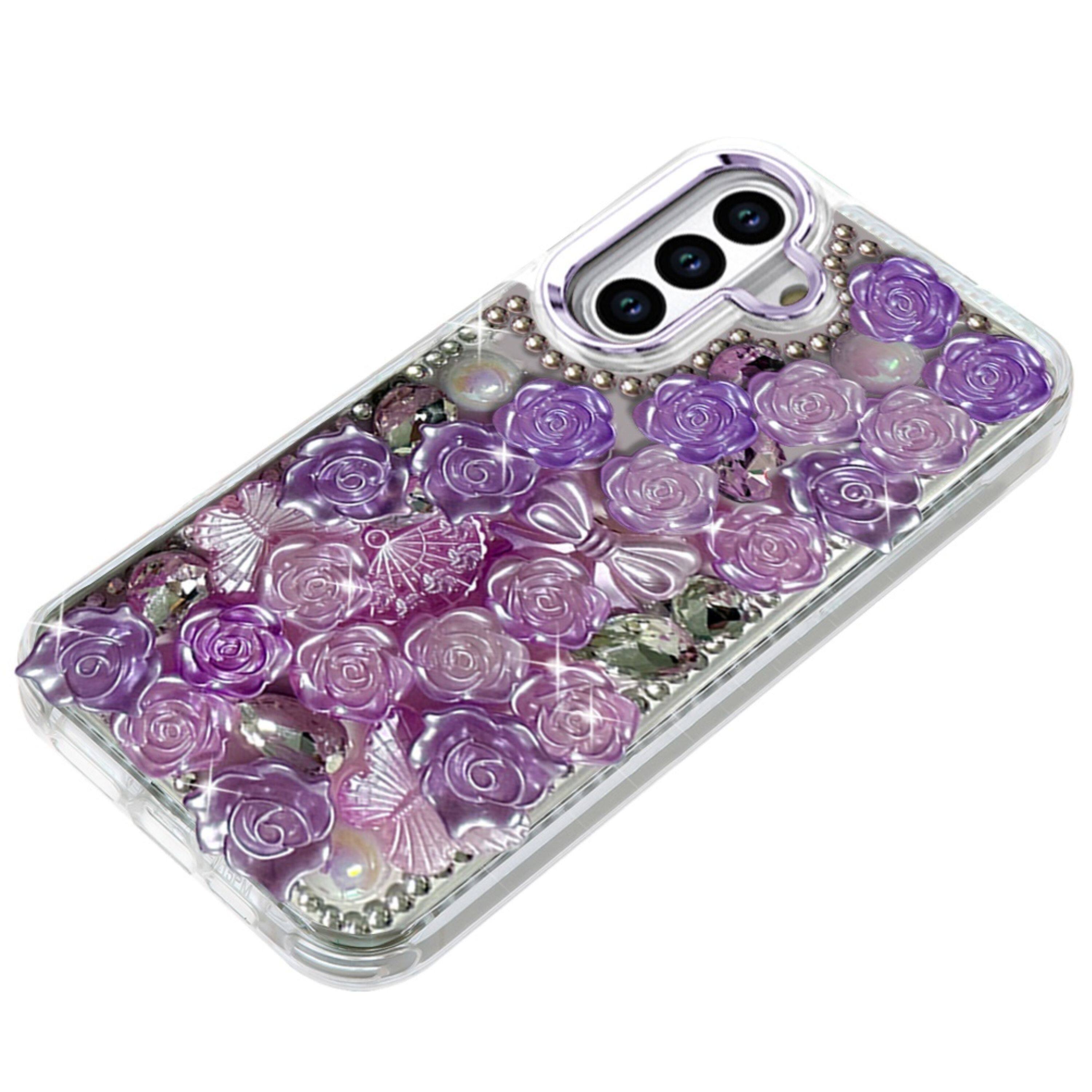 Angle. Kitcheniva - Roses Arrangement 3D Bling Phone Cover Plus Tempered Glass For Samsung S26 FE Purple - Purple.